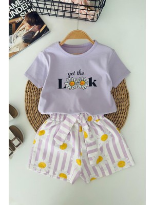 Miniğimin Cicileri Look Papatya Baskılı Kız Çocuk Şortlu Takım - Lila