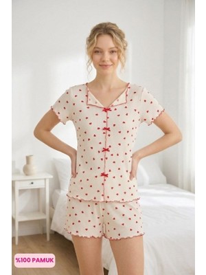 Çağrı Homewear Kadın Kayık Yaka Düğmesiz Fitilli Kaşkorse Kumaş Fiyonklu %100 Pamuk Kısa Kol Şortlu Pijama Takımı