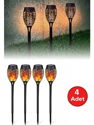 4 Lü Güneş Enerjili Alev Efektli LED Meşale Seti | Solar Bahçe ve Dış Mekan Aydınlatması