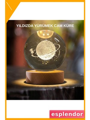 Esplendor Sarı Işıklı Dekoratif Cam Küre Kız Figürlü Ahşap Standlı