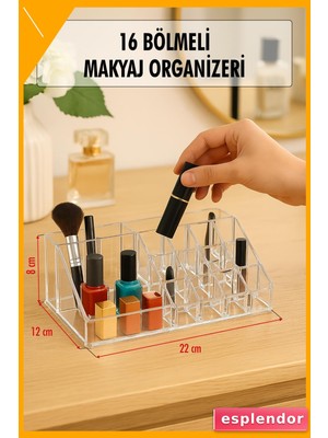 Esplendor 16 Bölmeli Şeffaf Makyaj Organizeri Kozmetik Düzenleyici 13×22×8 cm