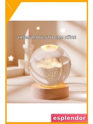 Esplendor 3D Yağmur Bulutu Desenli Kristal Top USB Gece Lambası Ahşap Tabanlı Dekoratif Lamba