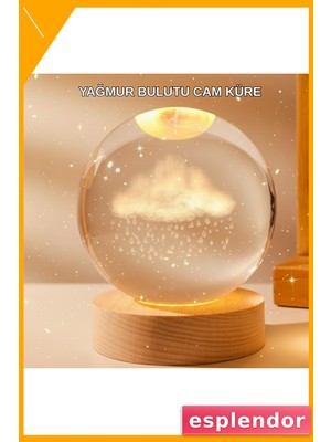 Esplendor 8 cm 3D Yağmur Bulutu Kristal Küre LED Gece Lambası Ahşap Standlı Tasarım Lamba