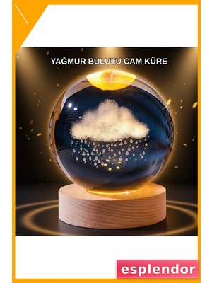Esplendor LED Sıcak Işıklı 3D Bulut Figürlü Kristal Küre Ahşap Standlı Gece Lambası