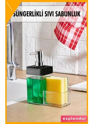 Esplendor Sünger Hazneli Sıvı Sabunluk 450ML Siyah Tezgah Üstü 7X15X19.5CM