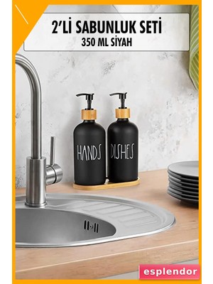 Esplendor Sıvı Sabunluk Seti Bambu Altlıklı 2'li Siyah 350ML