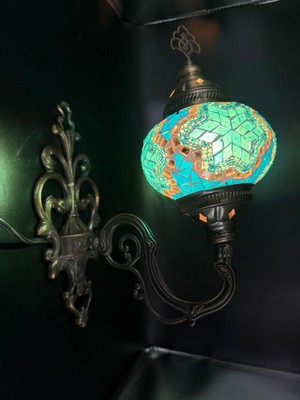 Otantik El Yapımı Mozaik Duvar Lambası - Turkuaz & Turuncu Yıldız Desenli Dekoratif Aplik - Nostaljik Aydınlatma