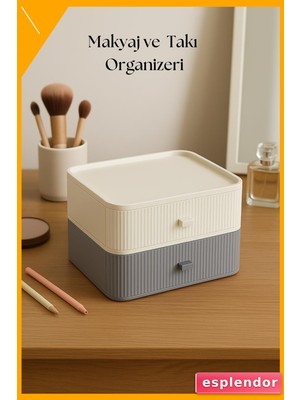 Esplendor 2 Katlı Çekmeceli Makyaj Organizeri 20X20X15CM Beyaz Plastik