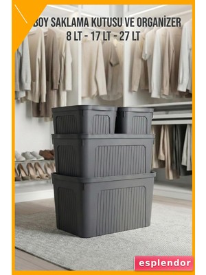 Esplendor 4'lü Kapaklı Saklama Kutusu Seti 8+17+27 Lt Füme 60 Litre Toplam