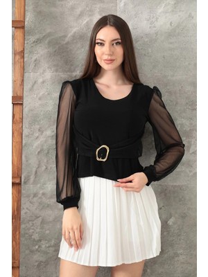 Luord - Store Tokalı Tül Kollu Bluz Siyah T4071