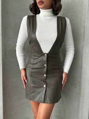 Luord - Store Deri Jile Elbise Haki W24796