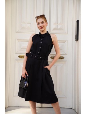 Luord - Store Gömlek Yaka Kemerli Elbise Siyah S255061