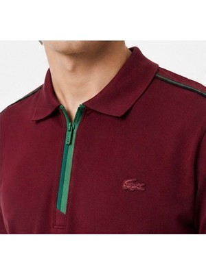 Lacoste Fermuar Yaka  Bordo Regular Fit Kısa Kol