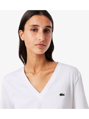 Velmora Lacoste Kadın Relaxed Fit V Yaka Beyaz T-Shirt