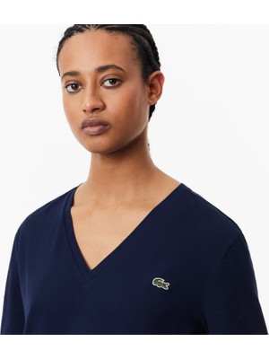 Velmora Lacoste Kadın Relaxed Fit V Yaka Lacivert T-Shirt