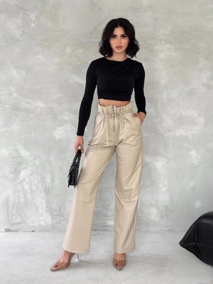 Luord - Store Kendinden Ince Kemerli Deri Pantolon Bej T1178