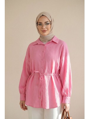 Moda Morfo Beli Kemerli Dikiş Ve Pul Detaylı Düğmeli Gömlek -Pembe