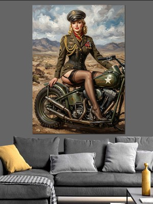 Tablomega Motosiklet Üstünde Retro Asker Kadın Dekoratif Kanvas - Mdf Ahşap Tablo