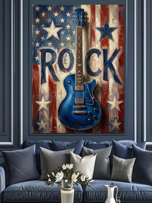 Tablomega Amerikan Bayraklı Rock Elektro Gitar Dekoratif Kanvas - Mdf Ahşap Tablo