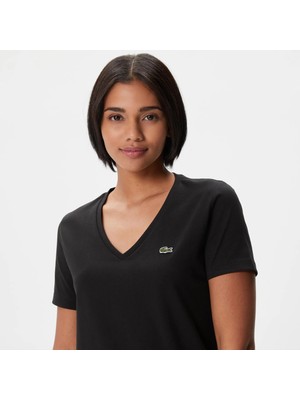 Velmora Lacoste Kadın Relaxed Fit V Yaka Siyah T-Shirt