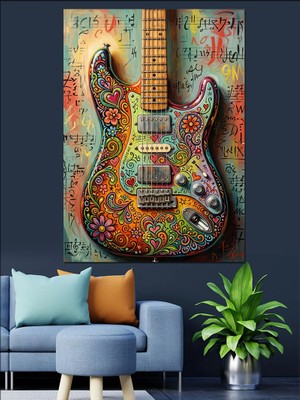 Tablomega Rengarenk Desenli Sanatsal Gitar Tablosu Dekoratif Kanvas - Mdf Ahşap Tablo