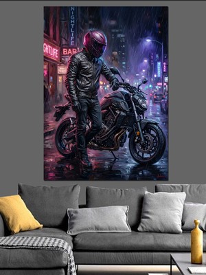 Karizma Tablo Neon Işıklı Motorcu ve Şehir Dekoratif Kanvas - Mdf Ahşap Tablo