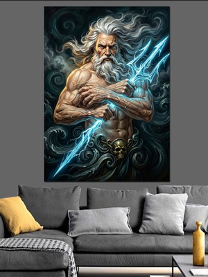 Karizma Tablo Şimşekler Saçan Deniz Tanrısı Poseidon Dekoratif Kanvas - Mdf Ahşap Tablo