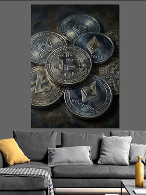 Tablomega Yığın Halinde Eski Bitcoin Paraları Dekoratif Kanvas - Mdf Ahşap Tablo