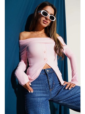 Luord - Store Madonna Yaka Düğmeli Bluz Pembe T4329