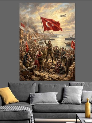 Tablomega Türk Bayrağı Tutan Atlı Süvari Dekoratif Kanvas - Mdf Ahşap Tablo