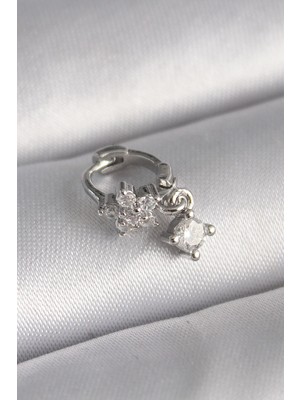 Luord - Store Mey Ithalat® 316L Çelik Gümüş Renk Zirkon Taşlı Çiçek Model Sallantı Detay Tragus Piercing