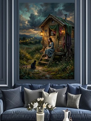 Tablomega Gece Vakti Ormanda Kulübe Tablosu Dekoratif Kanvas - Mdf Ahşap Tablo