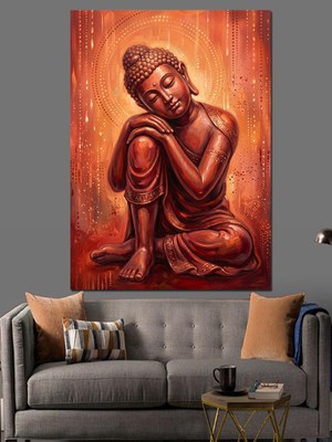 Tablomega Meditasyon Yapan Kırmızı Buddha Heykeli Dekoratif Kanvas - Mdf Ahşap Tablo