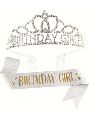Didosh Party House Birthday Girl Taç ve Kuşak Seti – Gümüş Parıltılı Doğum Günü Aksesuarı