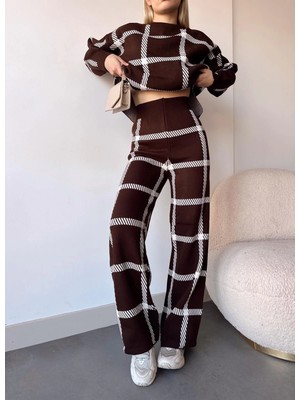 Luord - Store Ekoseli Triko Takım Kahvebeyaz