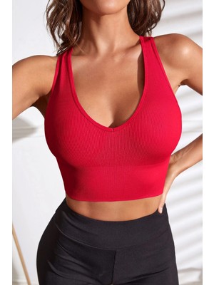 Kadın Kırmızı Derin Göğüs Dekolteli Şık Crop Top Bluz Mariposa Secret