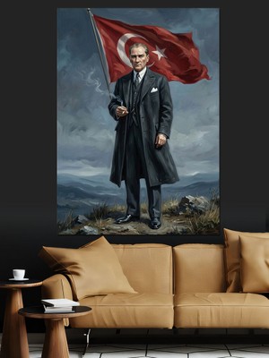 Karizma Tablo Bayrak Tutan Karizmatik Lider Atatürk Dekoratif Kanvas - Mdf Ahşap Tablo