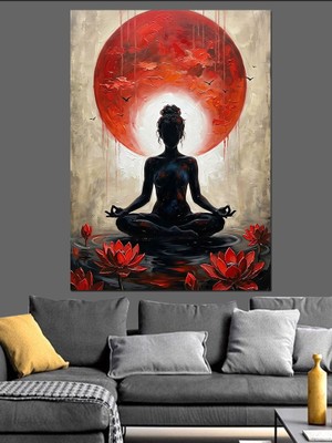Karizma Tablo Kızıl Güneş Önünde Meditasyon Yapan Dekoratif Kanvas - Mdf Ahşap Tablo