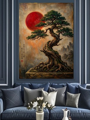 Karizma Tablo Gün Batımında Bonsai Ağacı Sanatı Dekoratif Kanvas - Mdf Ahşap Tablo