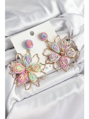 Luord - Store Mey Ithalat® Pirinç Rainbow Çiçek Model Gold Renk Kadın Hasır Küpe