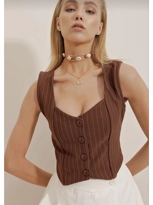 Luord - Store Çizgili Krep Düğmeli Yelek Kahve S3395
