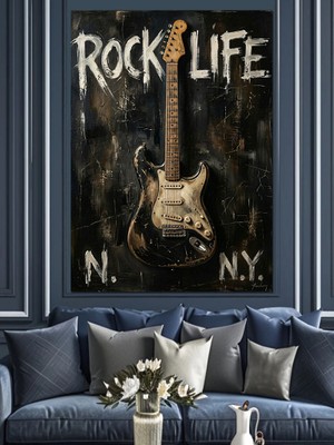 Karizma Tablo Rock Life Yazılı Gitar Posteri Dekoratif Kanvas - Mdf Ahşap Tablo