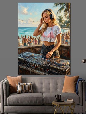 Tablomega Plajda Kulaklıklı Modern Kadın Dj Dekoratif Kanvas - Mdf Ahşap Tablo