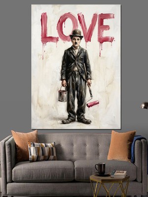 Karizma Tablo Love Yazılı Klasik Charlie Chaplin Dekoratif Kanvas - Mdf Ahşap Tablo