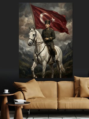 Karizma Tablo At Üstünde Türk Subayı Atatürk Dekoratif Kanvas - Mdf Ahşap Tablo