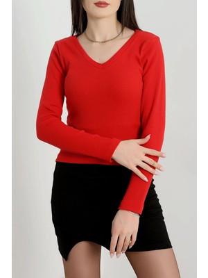 Luord - Store V Yaka Kaşkorse Bluz Kırmızı A3699