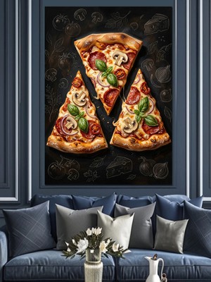 Tablomega Siyah Zeminde Iki Dilim Pizza Dekoratif Kanvas - Mdf Ahşap Tablo