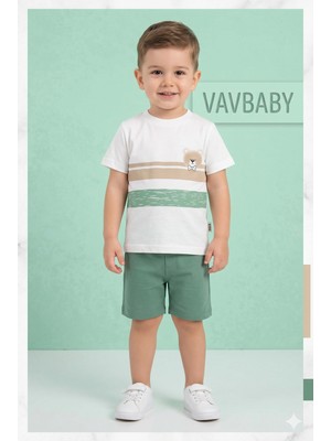 Vavbaby Erkek Çocuk Ayıcık Baskılı Çizgili Kısa Kollu Tişört ve Şort Takım - Yeşil