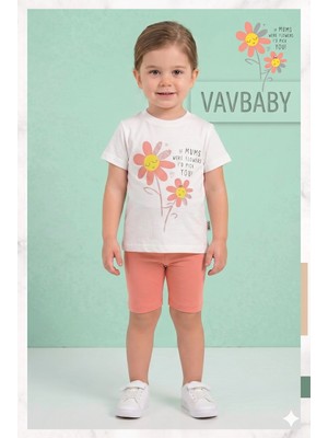 Vavbaby  Kız Çocuk Çiçek Baskılı Kısa Kollu Tişört ve Şort Takım - Somon