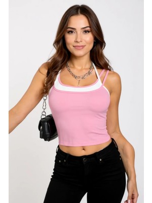 Luord - Store Kadın Pembe Beyaz Çift Renk Çapraz Askılı Crop Top Bluz – Şık, Rahat ve Kolay Kombinlenebilir